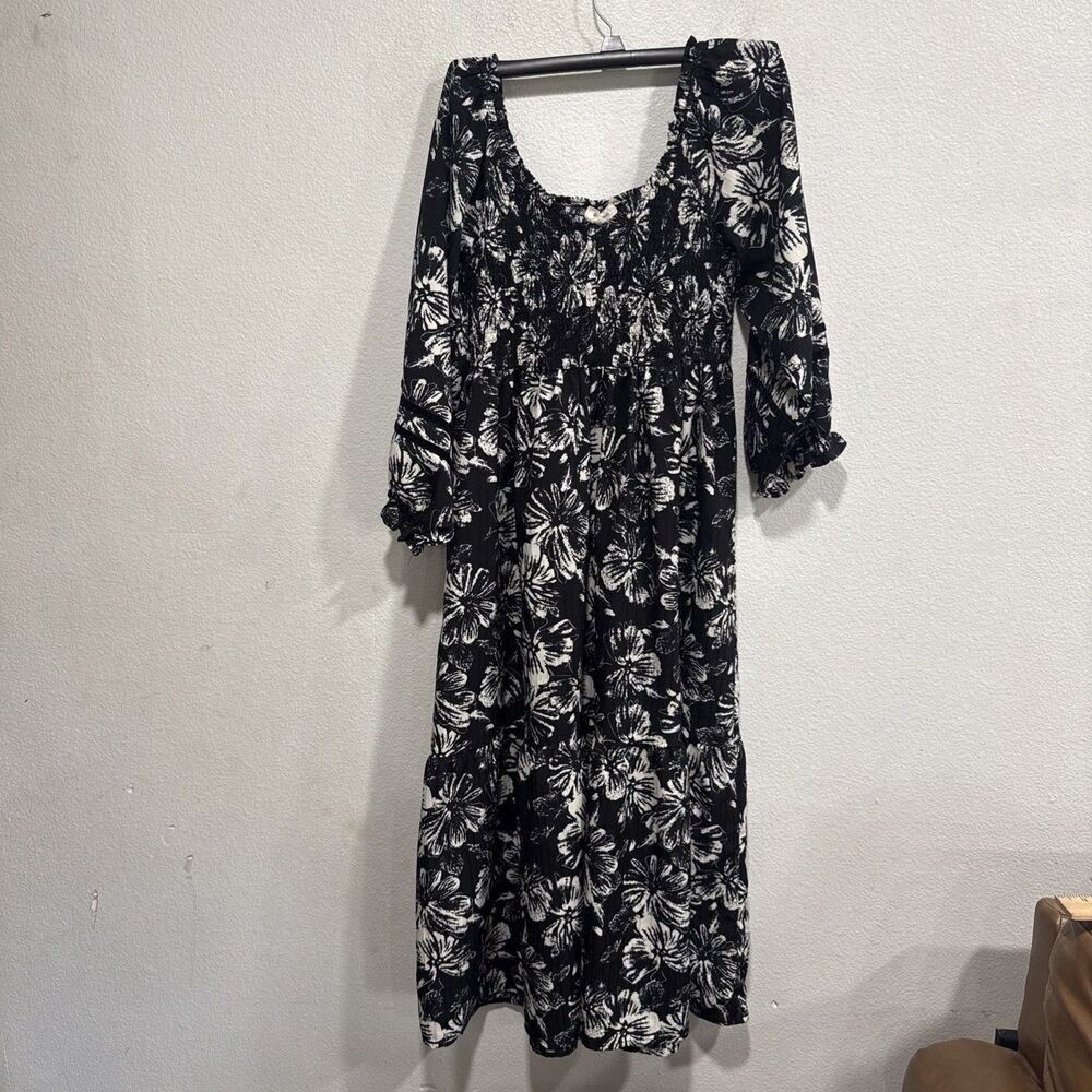 Umgee Black White Floral Smocked Maxi Dress Puff Sleeve Boho Vacation Size M